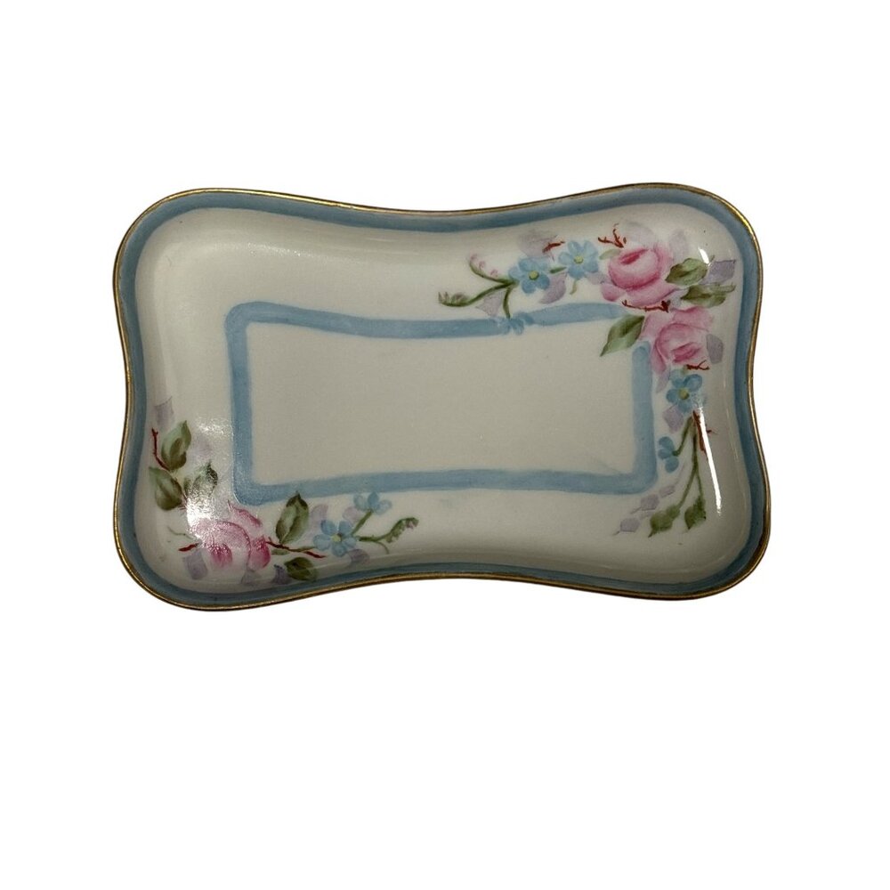 Vintage MZ Austria Rectangular Porcelain Tray With Floral Design 6" X 3.5"